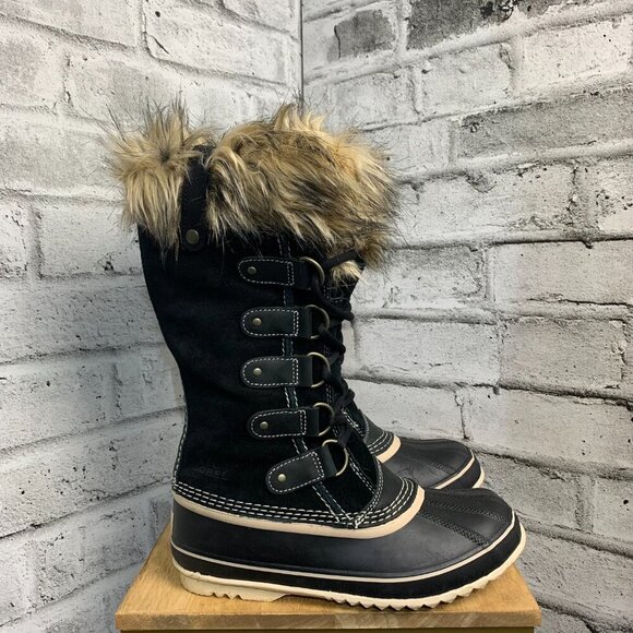Sorel Joan of Arctic Waterproof Black Suede Faux Fur Trim Winter Snow Boots - Picture 4 of 10